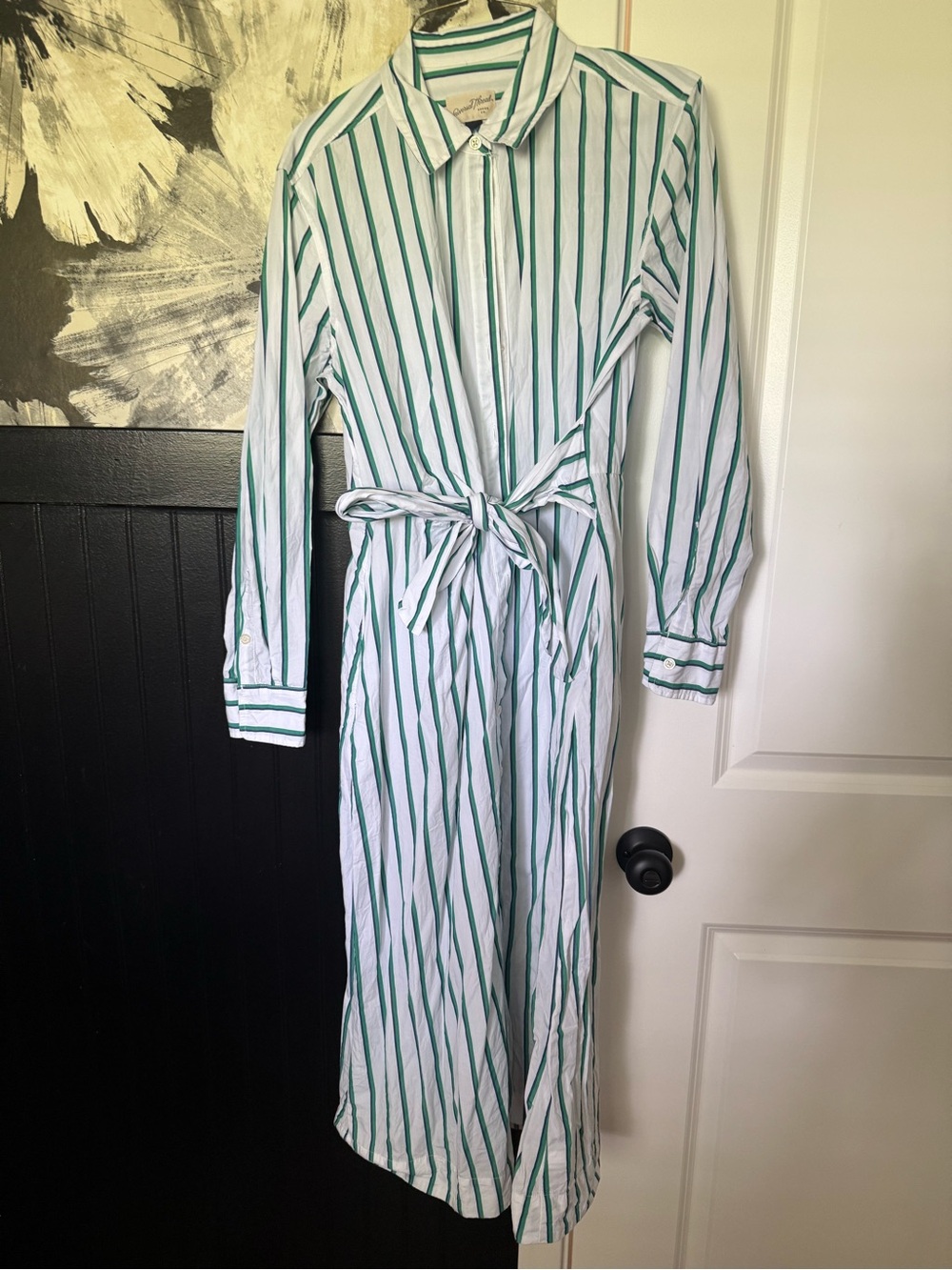 Striped Shirt Dress with Tie Waist - White & Green